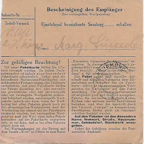 Paketkarte Dingolfing mit Absendereindruck nach Haar, MeF, 48 II