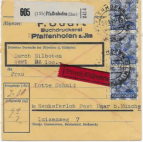 Carte paquet Eilboten Pfaffenhofen Ilm. avec indication de la valeur par Neukeferloh, MeF 48II