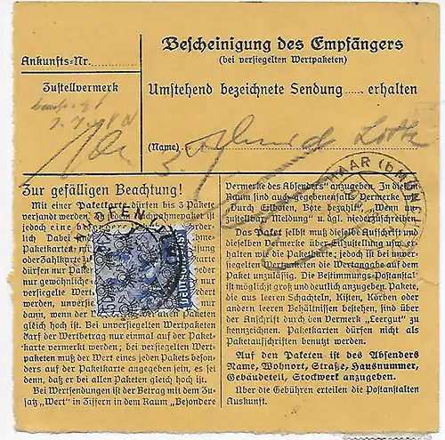 Carte paquet Eilboten Pfaffenhofen Ilm. avec indication de la valeur par Neukeferloh, MeF 48II