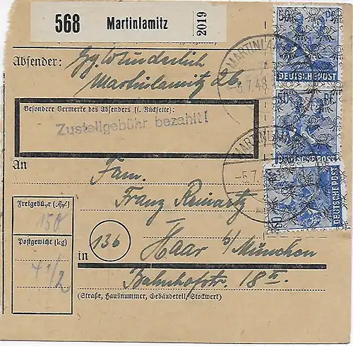 Carte de paquet Martinlamitz 1948 par Haar, 48 II, MeF
