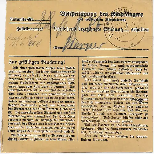 Paketkarte Hennef/Sieg 1948 nach Haar, 47 II, MeF