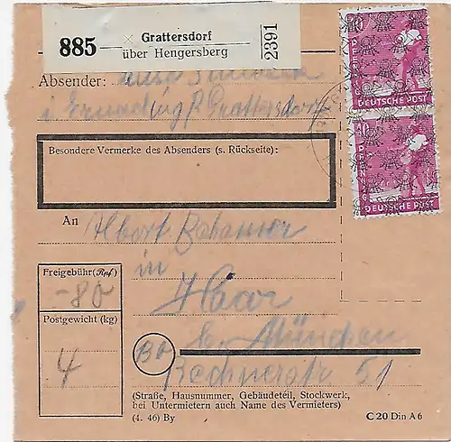 Paketkarte Grattersdorf über Hengersberg 1948 nach Haar, 47 II, MeF