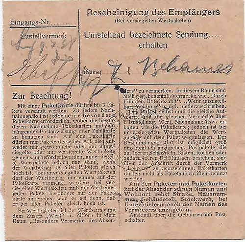 Carte de paquets Grattersdorf via Hengersberg 1948 vers Haar, 47 II, MeF