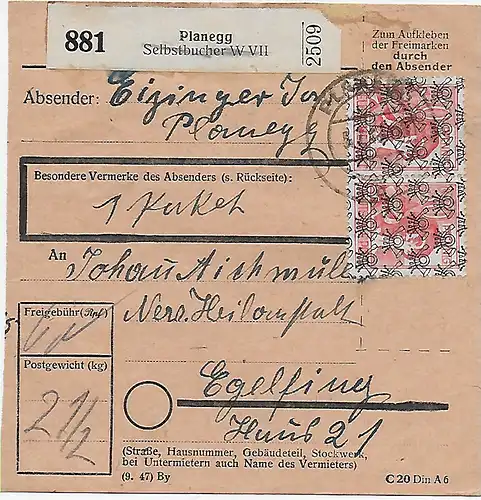 Carte de paquet Planegg, Auto-réservation après Egelfing, 1948, 46II, MeF