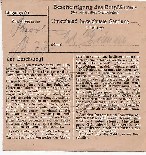 Paketkarte Planegg, Selbstbucher nach Egelfing, 1948, 46II, MeF