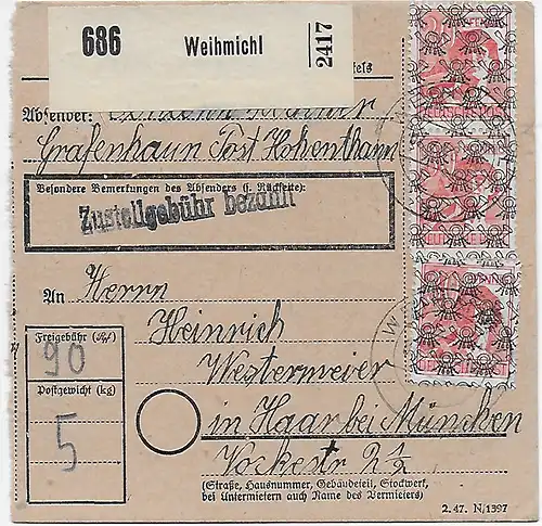 Carte de paquets Weihmichl vers Egelfing, 1948, 46II, MeF, lettres de poste de terrain arrière