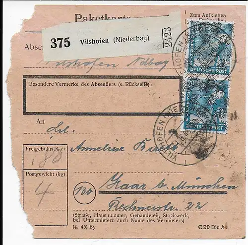 Carte de colis Vilshofen par Haar, 1948, 43II, MeF