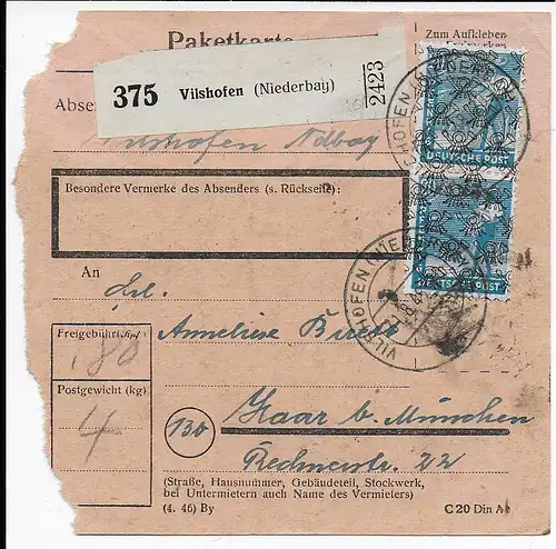 Paketkarte Vilshofen nach Haar, 1948, 43II, MeF