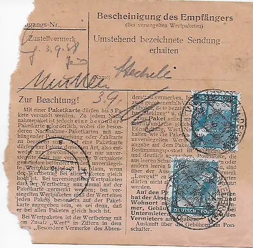 Paketkarte Vilshofen nach Haar, 1948, 43II, MeF