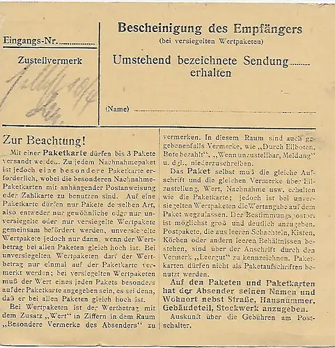 Carte de paquet Wasentegernbach, boulangerie après Bad-Aibling, Bureau de poste MeF 1947