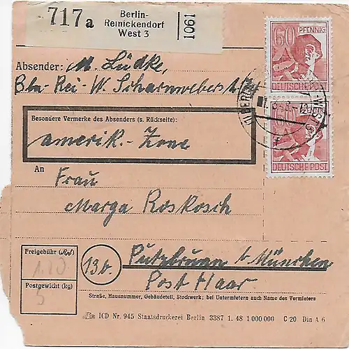 Carte de paquet Berlin Reinickendorf West vers Putzbrunn MeF 1948