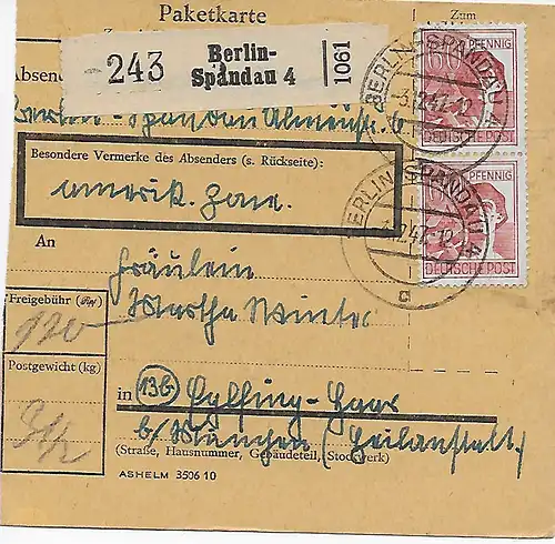 Paketkarte Berlin Spandau nach Eglfing, MeF 1947