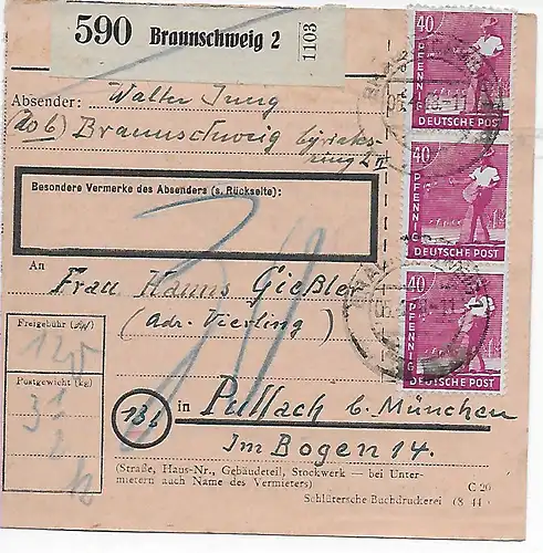 Carte de forfait Braunswick après Pullach, Frais de livraison 30, MeF 1948