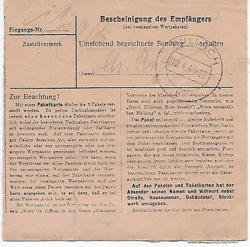 Paketkarte Braunschweig nach Pullach, Zustellgebühr 30, MeF 1948