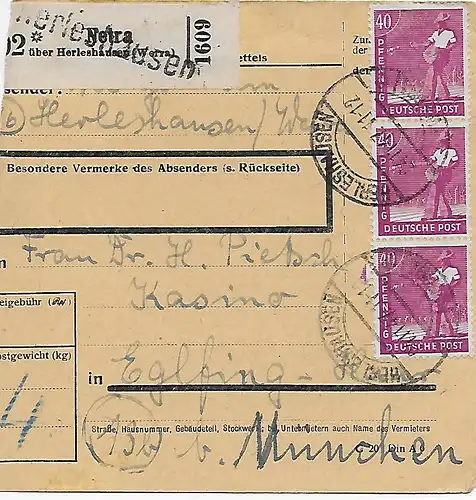 Carte de paquet Netra/Herleshausen vers Eglfing/Casino, 1947, MeF