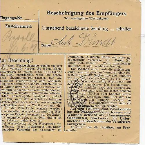 Paketkarte Netra/Herleshausen nach Eglfing/Kasino, 1947, MeF