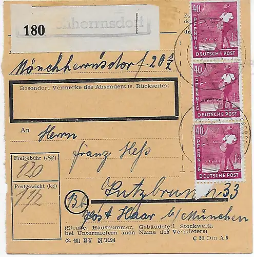 Paketkarte Mönchherrnsdorf nach Putzbrunn, 1948, MeF