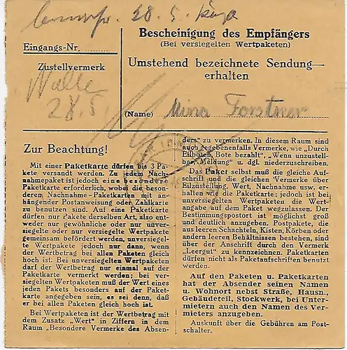 Paketkarte Mönchherrnsdorf nach Putzbrunn, 1948, MeF