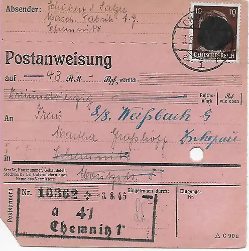 Carte de colis Maschinenfabrik Chemnitz d'après Tschopau, Min. AP 826I, 10.8.45