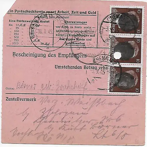 Carte de colis Maschinenfabrik Chemnitz d'après Tschopau, Min. AP 826I, 10.8.45