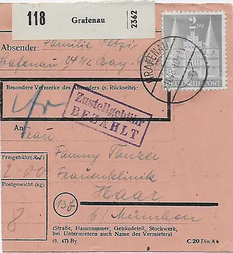 Paketkarte Grafenau nach Haar, Frauenklinik, 1948, miNr. 98 wgI, EF
