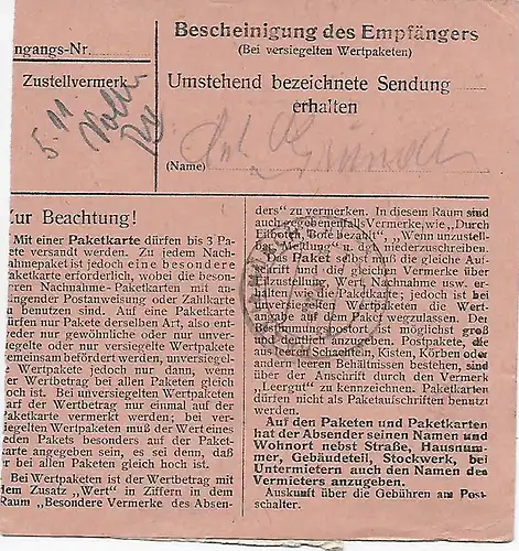 Paketkarte Grafenau nach Haar, Frauenklinik, 1948, miNr. 98 wgI, EF