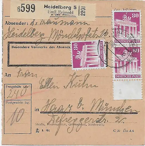 Carte de colis Heidelberg, Auto-bookeur après Haar, 1948, Mi Nr. 94 MeF