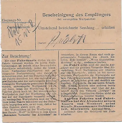 Carte de colis Heidelberg, Auto-bookeur après Haar, 1948, Mi Nr. 94 MeF