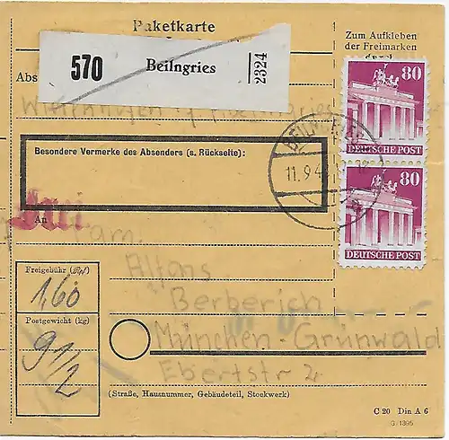 Paketkarte Beilngries, 1948 nach Grünwald/München, 1948, MiNr. 94 MeF