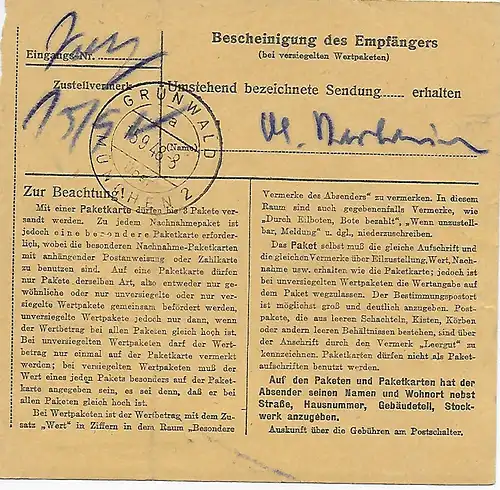 Carte de paquets Beilngries, 1948 vers Grünwald/Munich, 1946, Min. 94 MeF
