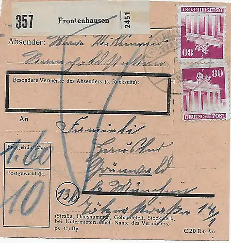 Carte de paquetFronthausen vers Grünwald/Munich, 1948, MiNr. 94 MeF