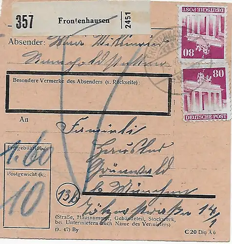 PaketkarteFronthausen nach Grünwald/München, 1948, MiNr. 94 MeF
