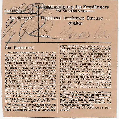 PaketkarteFronthausen nach Grünwald/München, 1948, MiNr. 94 MeF