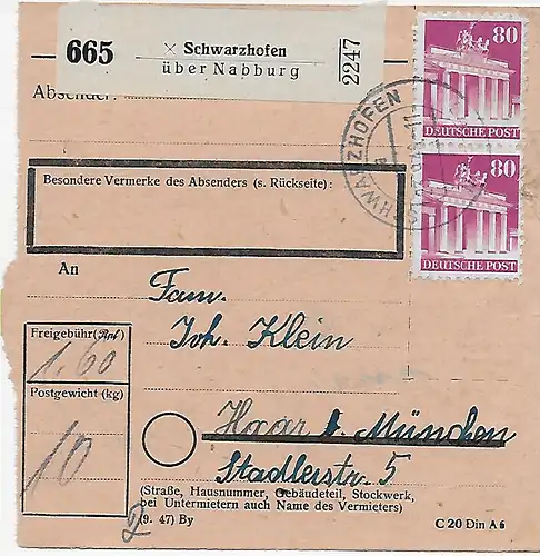 Carte de colis Schwarzhofen/Nabburg vers Haar/Munich, 1948, Min. 94 MeF