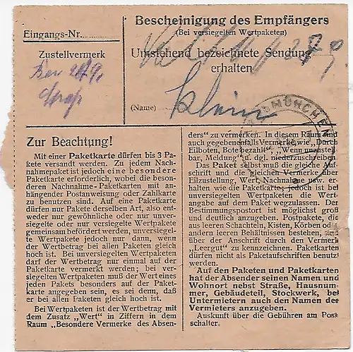 Paketkarte Schwarzhofen/Nabburg nach Haar/München, 1948, MiNr. 94 MeF