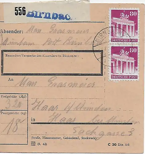 Paketkarte Birnbach nach Haar/München, 1948, MiNr. 94 MeF