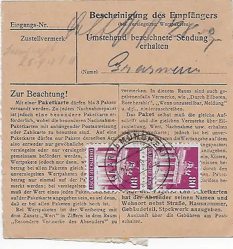 Carte de paquet Birnbach après Haar/Munich, 1948, Min. 94 MeF
