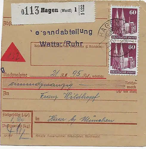 Carte colis Acceptation Hagen/Westf. par cheveux/Munich, 1948, Min. 93 MeF