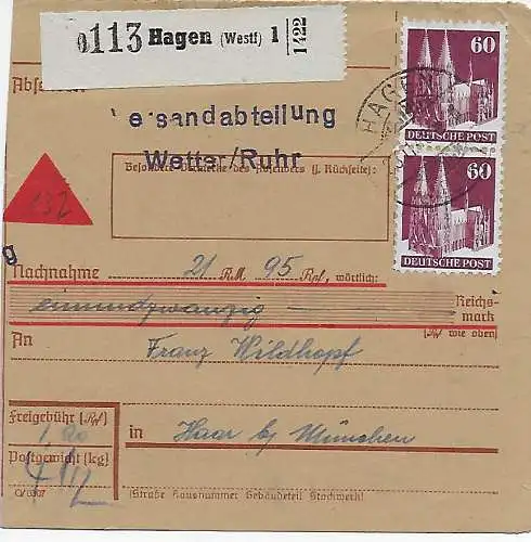 Paketkarte Nachnahme Hagen/Westf. nach Haar/München, 1948, MiNr. 93 MeF