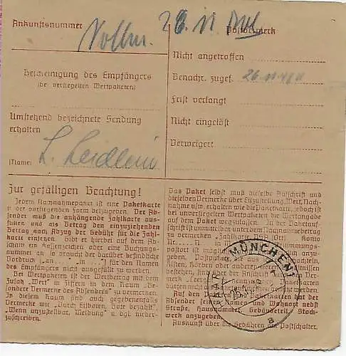 Paketkarte Nachnahme Hagen/Westf. nach Haar/München, 1948, MiNr. 93 MeF