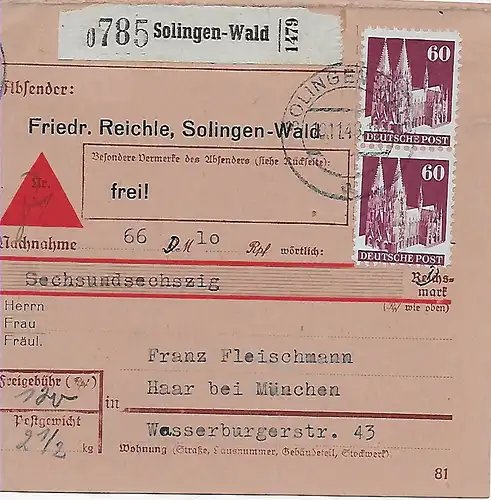 Carte de colis Acceptation Solingen Forêt par Haar/Munich, 1948, Mi Nr. 93 MeF