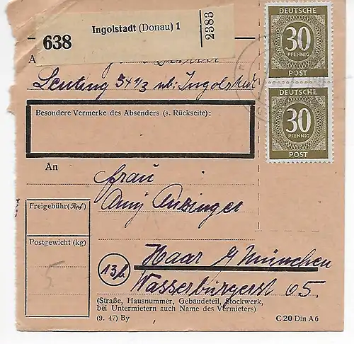 Paketkarte Ingolstadt nach Haar/München 1948, MeF