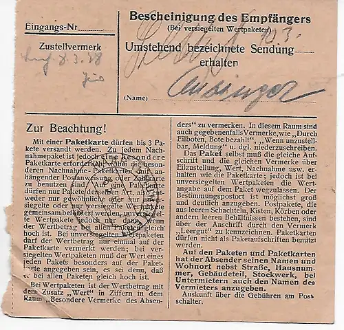Carte de paquet Ingolstadt par Haar/Munich 1948, MeF