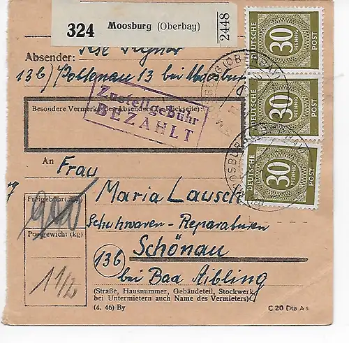 Carte colis Moosburg vers Schönau/Bad Aibling, chaussures 1948, MeF
