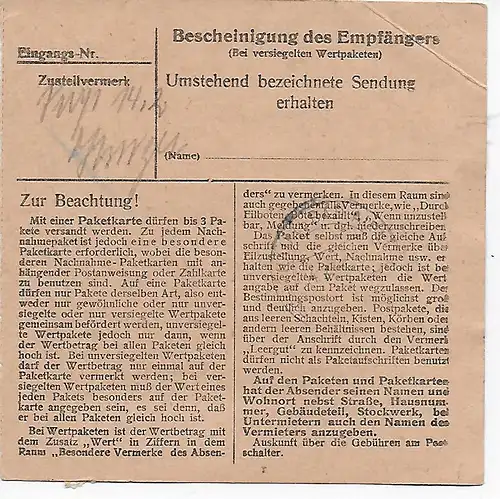 Carte colis Moosburg vers Schönau/Bad Aibling, chaussures 1948, MeF