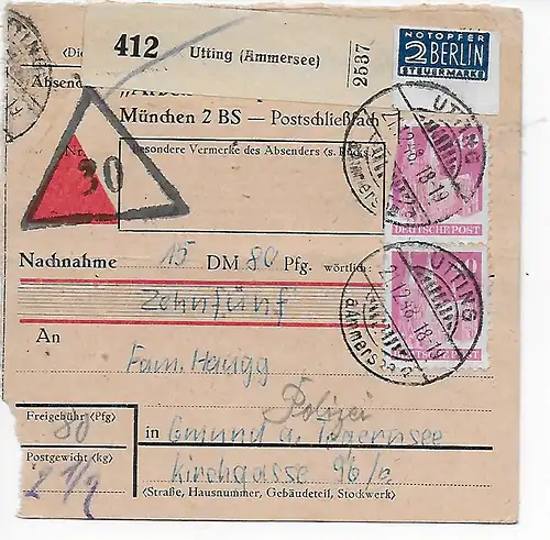 Carte de colis Acceptation Utting/Ammersee à Police Gmund/Tegernesee, 1948