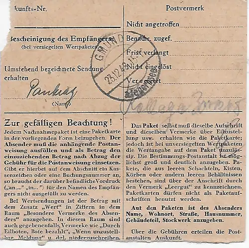 Carte de colis Acceptation Utting/Ammersee à Police Gmund/Tegernesee, 1948