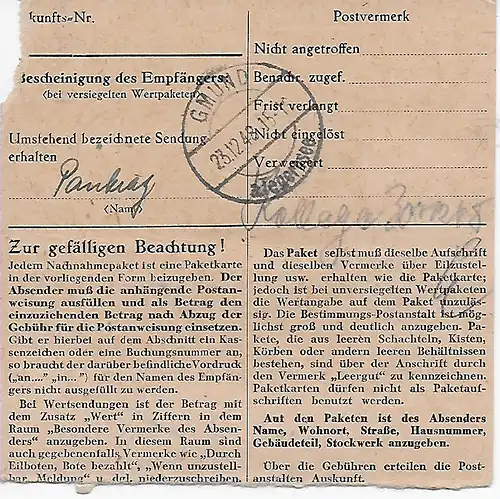 Paketkarte Nachnahme Utting/Ammersee an Polizei Gmund/Tegernesee, 1948