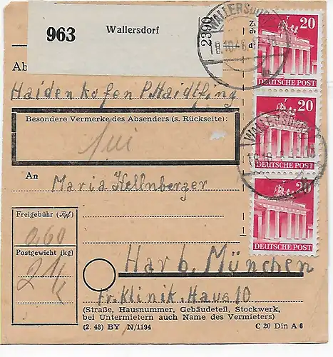 Paketkarte Wallersdorf/Haidenkofen nach Haar/München 1948