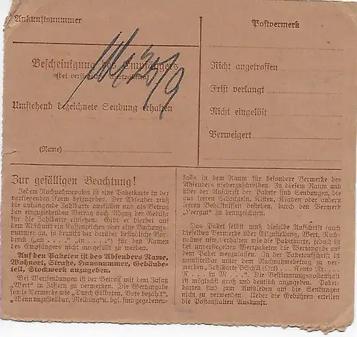 Carte de paquets Borghost/Westf. vers Selters/ Westerwald, 1948, MeF